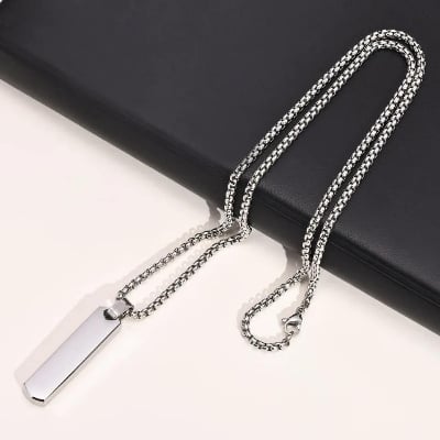 Picture of Bar Pendant Necklace For Men Stainless Steel Box Chain Pendant Men’s Necklace - Silver