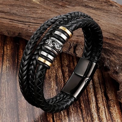 Picture of Woven leather rope wrapped in special style classic stainless steel mens leather bracelet double-layer design - Elegant and Refined - Black