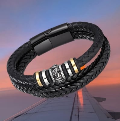 Picture of Woven leather rope wrapped in special style classic stainless steel mens leather bracelet double-layer design - Elegant and Refined - Black