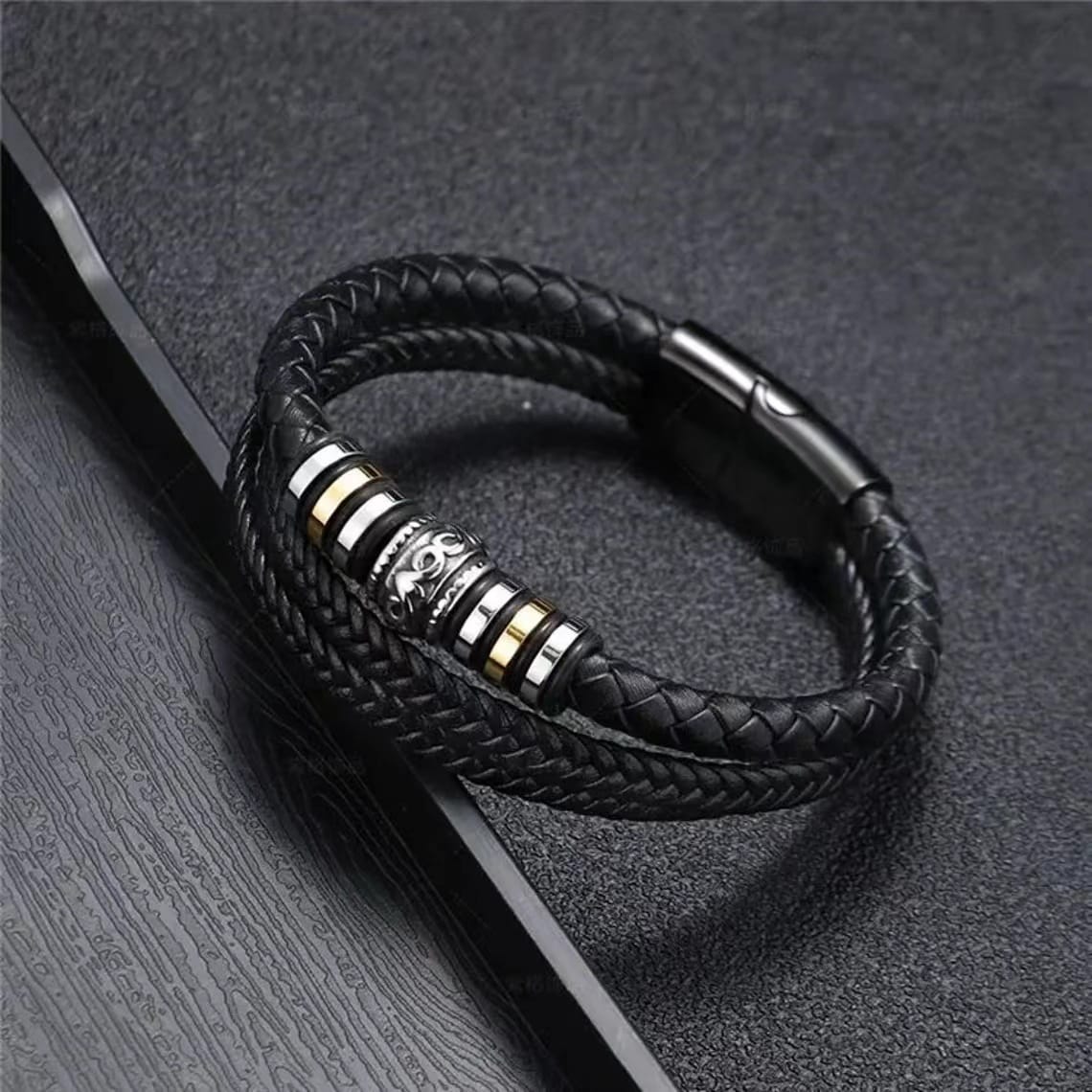 Picture of Woven leather rope wrapped in special style classic stainless steel mens leather bracelet double-layer design - Elegant and Refined - Black