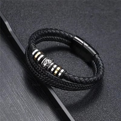 Picture of Woven leather rope wrapped in special style classic stainless steel mens leather bracelet double-layer design - Elegant and Refined - Black