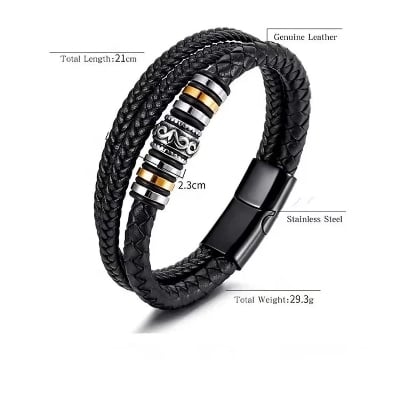 Picture of Woven leather rope wrapped in special style classic stainless steel mens leather bracelet double-layer design - Elegant and Refined - Black