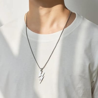 Picture of Men Lightning Bolts  Pendants Silver Color Stainless Steel Link Chain Fashion Jewelry Chain For Men/Gift for Men/Boys - Silver