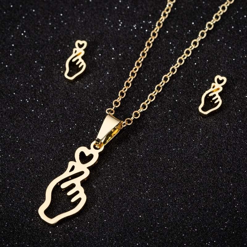 Picture of Necklace Earrings Set Korean Stainless Steel Fashion Finger Heart Gesture Pendants Necklaces For Women Men Stud Femme - Gold