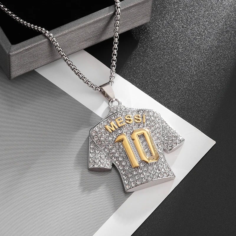 Picture of Stainless Steel Silver Plated Crystals Football MESSI Jersey Pendant Necklace Chain for Men - Silver