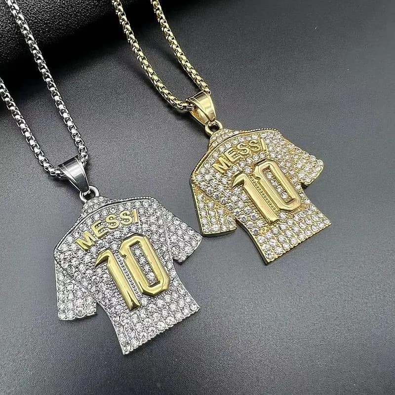 Picture of New Stainless Steel Golden Silver Plated Crystals Football MESSI Jersey Pendant Necklace Chain for Men