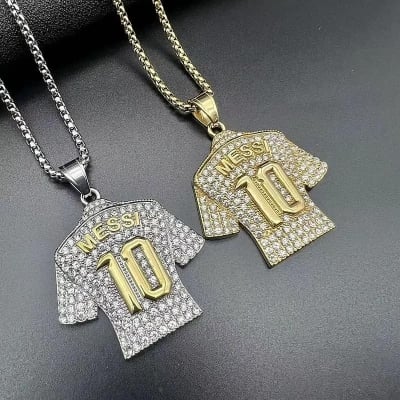Picture of New Stainless Steel Golden Silver Plated Crystals Football MESSI Jersey Pendant Necklace Chain for Men