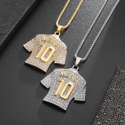 Picture of New Stainless Steel Golden Silver Plated Crystals Football MESSI Jersey Pendant Necklace Chain for Men