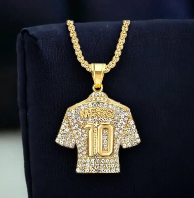 Picture of Stainless Steel Gold Plated Crystals Football MESSI Jersey Pendant Necklace Chain for Men - Gold