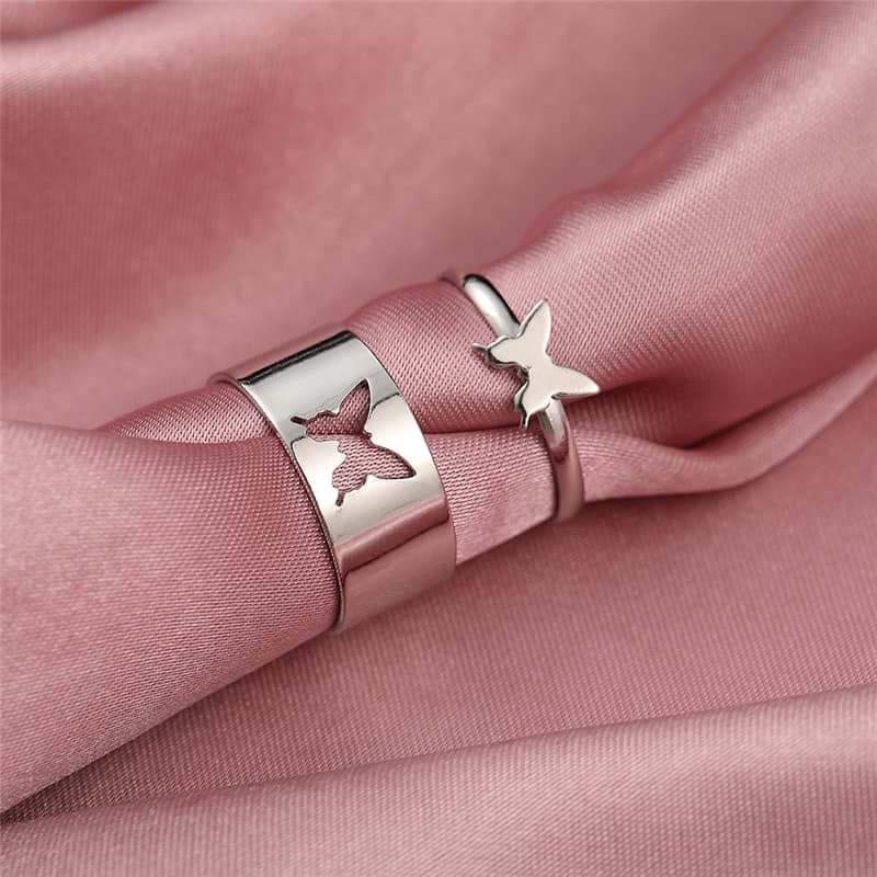 Picture of Silver Butterfly Couple Ring Matching Wrap Finger Ring - Silver