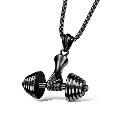 Picture of New Fashionable Trendy Simple Stainless Steel Cuban Link Chain Necklace for Men - Men's Pendant Fitness Muscle Arm Barbell Pendant - Black