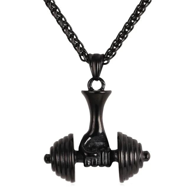 Picture of New Fashionable Trendy Simple Stainless Steel Cuban Link Chain Necklace for Men - Men's Pendant Fitness Muscle Arm Barbell Pendant - Black