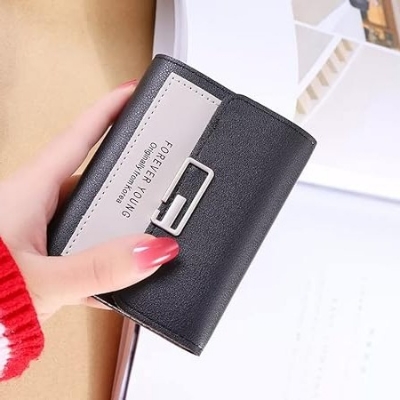 Picture of New Fashionable Short Zipper Penny Purse - Small Penny Purse, Money Bag, Trendy PU Leather Wallet - Black
