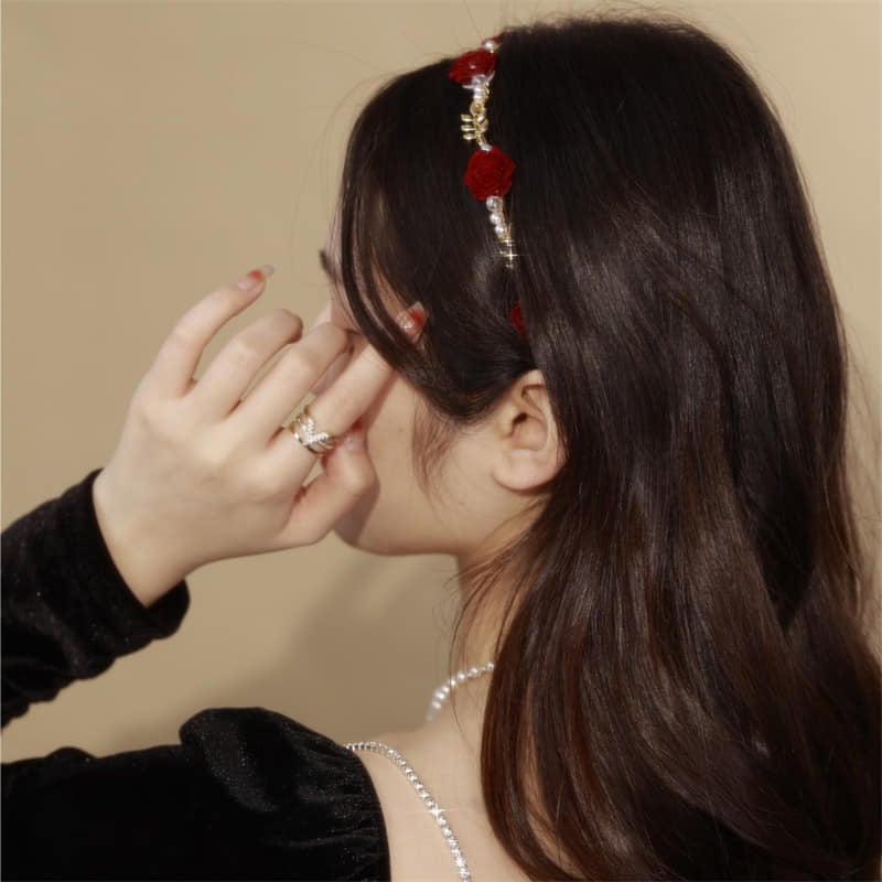 Picture of New Flower Pearl Headband Beads Sweet Fashion Girl  Hairbands Hair Clip For Women / Girls - Red