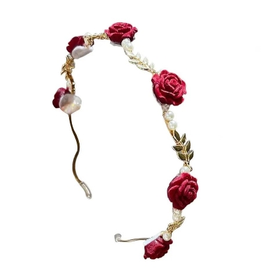 Picture of New Flower Pearl Headband Beads Sweet Fashion Girl  Hairbands Hair Clip For Women / Girls - Red