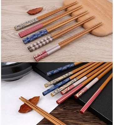 Picture of 5 Pairs Wood Chopsticks, Reusable Chinese Korean Japanese Chop Sticks Dishwasher Safe, Non-Slip - Multicolor