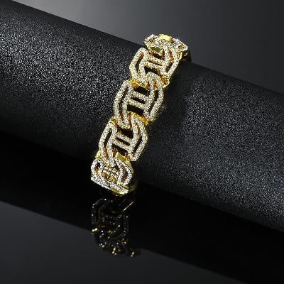 Picture of New AP style Men Cuban Link Chain Bracelet Shiny Rhinestone Inlaid Bangle Jewelry  Breslet for Men - Gold