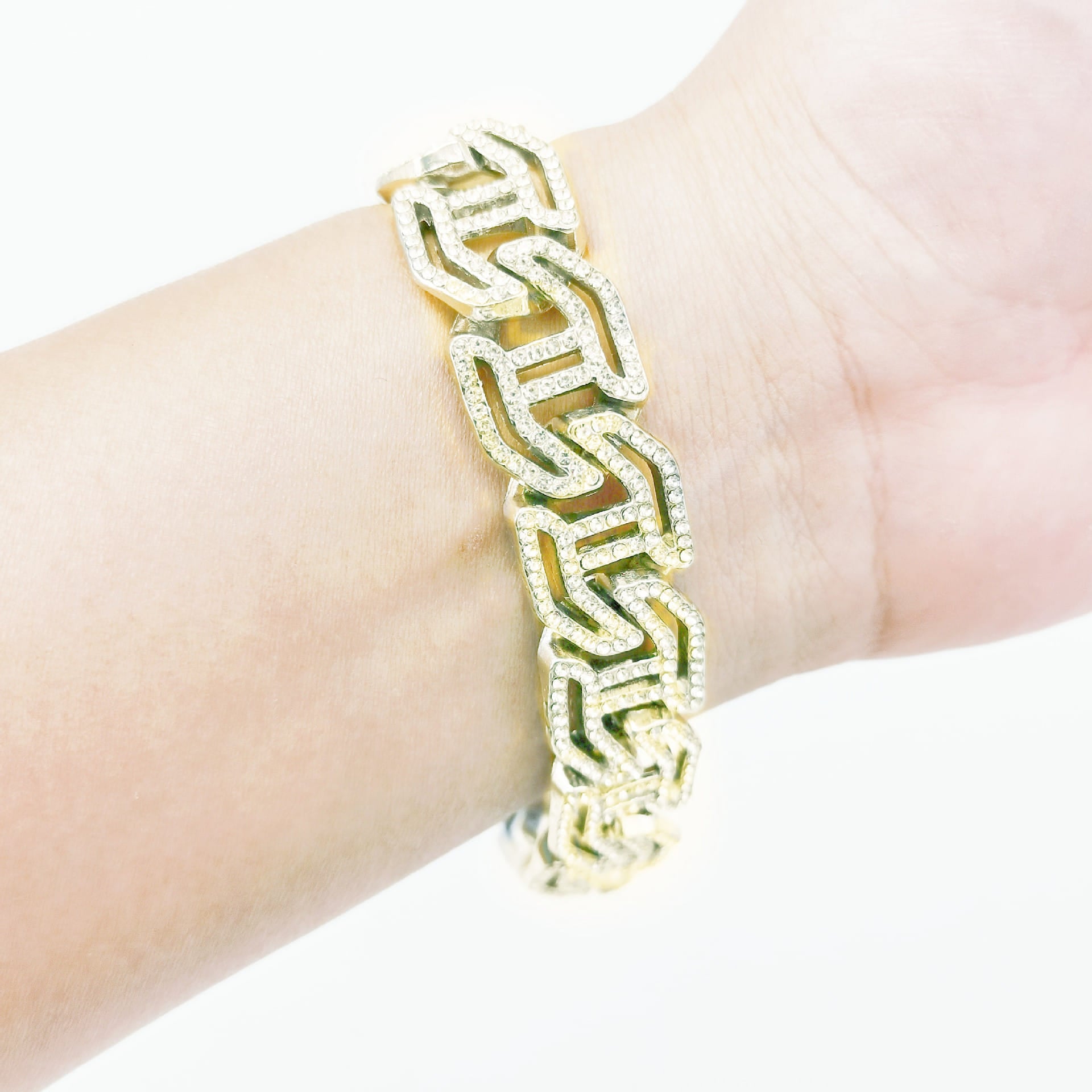 Picture of New AP style Men Cuban Link Chain Bracelet Shiny Rhinestone Inlaid Bangle Jewelry  Breslet for Men - Gold