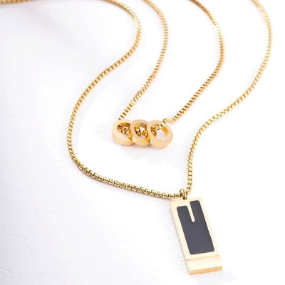 Picture of Golden Black-Coloured Chain with a Rectangular Pendant for Men Chain for Men - Gold