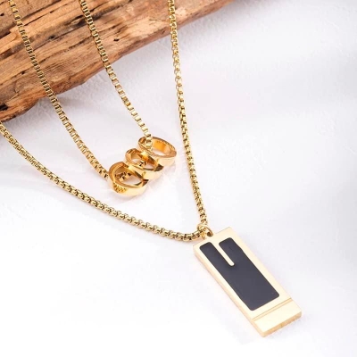 Picture of Golden Black-Coloured Chain with a Rectangular Pendant for Men Chain for Men - Gold