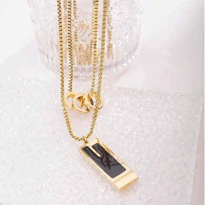 Picture of Golden Black-Coloured Chain with a Rectangular Pendant for Men Chain for Men - Gold
