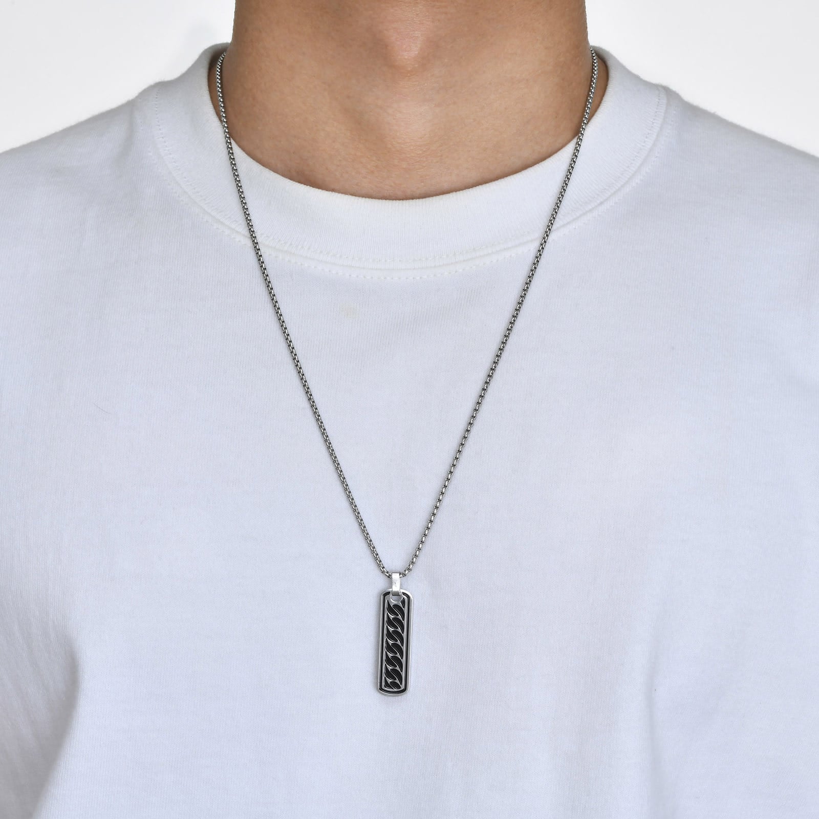 Picture of Pendant Necklaces Black Color Pillar Necklace For Men Trendy Stainless Steel Chain Pattern Bar Party Jewelry Couple Gift - Silver