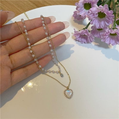 Picture of New Pearl Heart Necklace, Unique Trendy Aesthetic Necklace  for Women - Gold