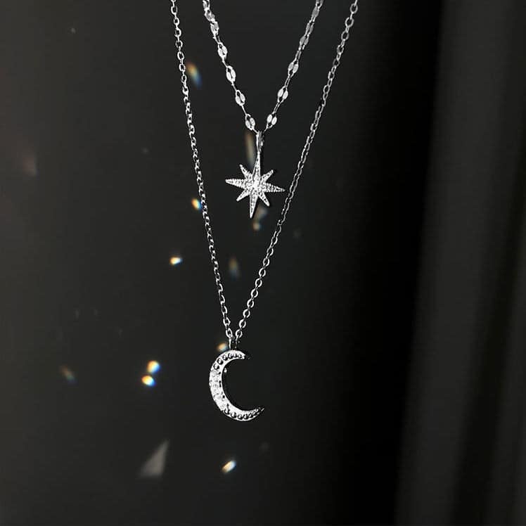 Picture of Simple Double Layer Star Moon Charm  Necklace for Women - Silver
