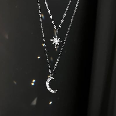 Picture of Simple Double Layer Star Moon Charm  Necklace for Women - Silver