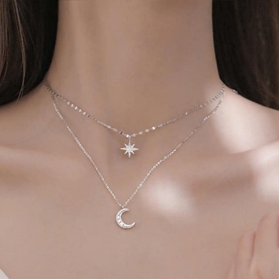 Picture of New Star Moon Necklace For Women Lady Fashion Chain Choker Sparkling Classic Girl Necklace For Women