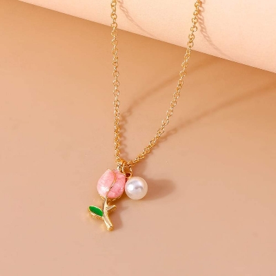 Picture of Elegant  Korean Cute Tulip Flower Shaped Pendant Peach Pearl Flower Chain ,Fashionable Jewelry  Chain For Girls - Gold