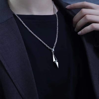 Picture of Lightning Bolt Shaped Necklace For Men, Fashion Domineering Personality Hiphop Pendant, Simple Couple Long Jewelry - Silver