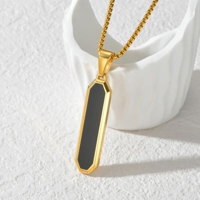 Picture of Fashion Black Color Bar Necklaces For Men Boys-Minimalist Stainless Steel Geometric Pendant Collar Gifts For Him Jewelry - Gold