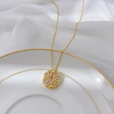Picture of New Heart Shape Clover Four Heart Two Chain Magnetic for Women & Girls - Gold