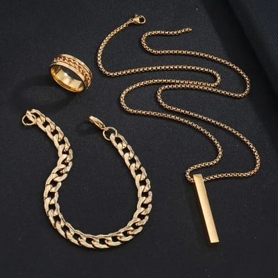 Picture of 3pcs/set Mens Stainless Steel Glamour Chain Bracelet & Ring Set for Men - Gold
