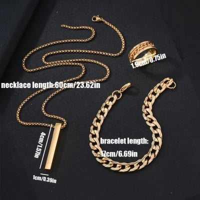 Picture of 3pcs/set Mens Stainless Steel Glamour Chain Bracelet & Ring Set for Men - Gold
