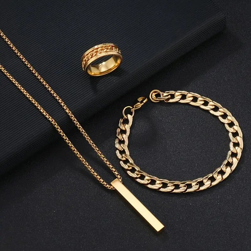 Picture of 3pcs/set Mens Stainless Steel Glamour Chain Bracelet & Ring Set for Men - Gold