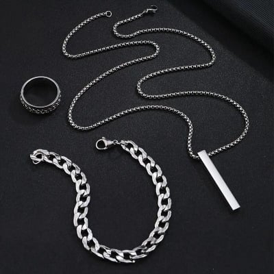 Picture of Men's Sleek Stainless Steel Geometric Pendant Necklace -Necklace Bracelet & Ring Set for Men - Silver