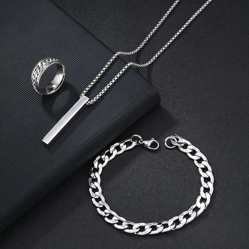 Picture of Men's Sleek Stainless Steel Geometric Pendant Necklace -Necklace Bracelet & Ring Set for Men - Silver