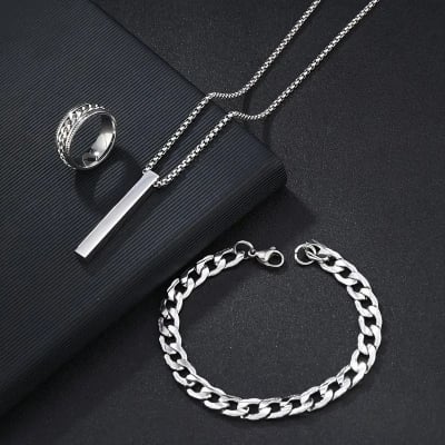 Picture of Men's Sleek Stainless Steel Geometric Pendant Necklace -Necklace Bracelet & Ring Set for Men - Silver