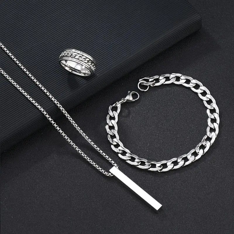 Picture of Men's Sleek Stainless Steel Geometric Pendant Necklace -Necklace Bracelet & Ring Set for Men - Silver