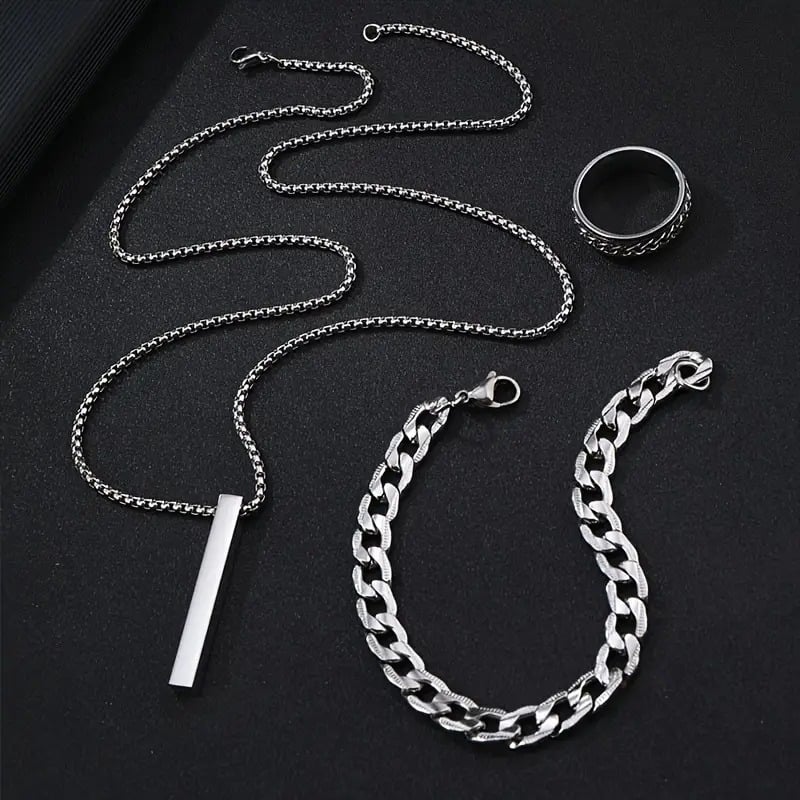 Picture of Men's Sleek Stainless Steel Geometric Pendant Necklace -Necklace Bracelet & Ring Set for Men - Silver
