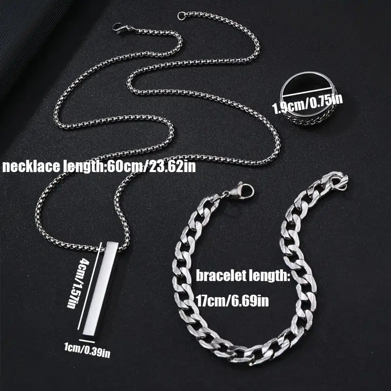 Picture of Men's Sleek Stainless Steel Geometric Pendant Necklace -Necklace Bracelet & Ring Set for Men - Silver