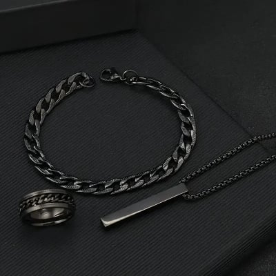Picture of 3pcs/set Men's Fashion Alloy Cross Pendant Necklace + Bracelet + Ring Set  for Men - Black