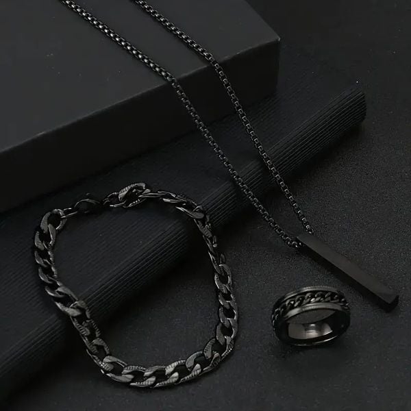 Picture of 3pcs/set Men's Fashion Alloy Cross Pendant Necklace + Bracelet + Ring Set  for Men - Black