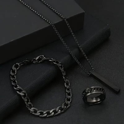 Picture of 3pcs/set Men's Fashion Alloy Cross Pendant Necklace + Bracelet + Ring Set  for Men - Black