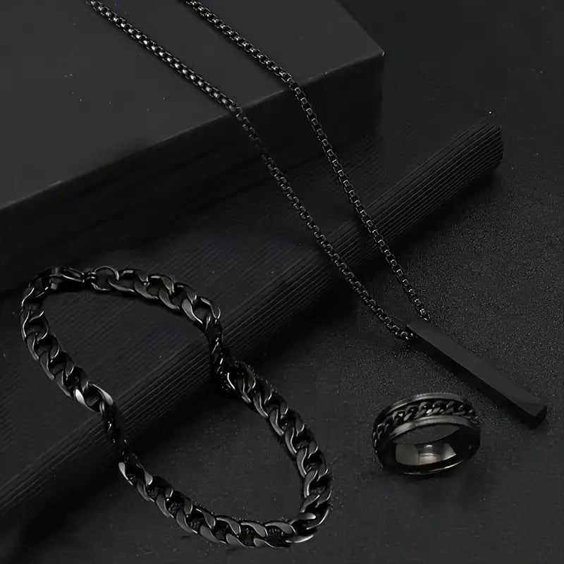 Picture of 3pcs/set Men's Fashion Alloy Cross Pendant Necklace + Bracelet + Ring Set  for Men - Black