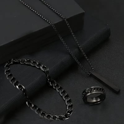 Picture of 3pcs/set Men's Fashion Alloy Cross Pendant Necklace + Bracelet + Ring Set  for Men - Black