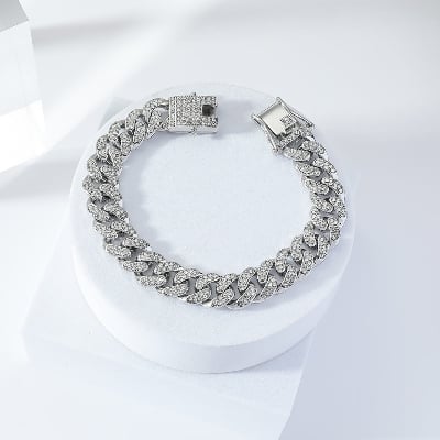 Picture of Superb Versatile -Choice and Remark -Men Cuban Link Chain Bracelet Shiny Rhinestone Inlaid Bangle Jewelry- Avant-garde For Men - Silver