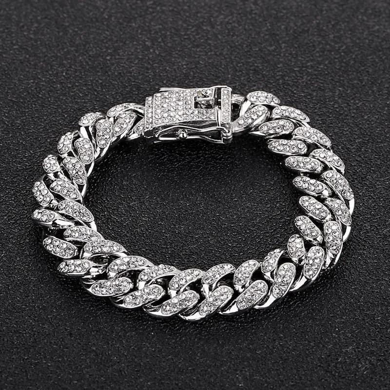 Picture of Superb Versatile -Choice and Remark -Men Cuban Link Chain Bracelet Shiny Rhinestone Inlaid Bangle Jewelry- Avant-garde For Men - Silver